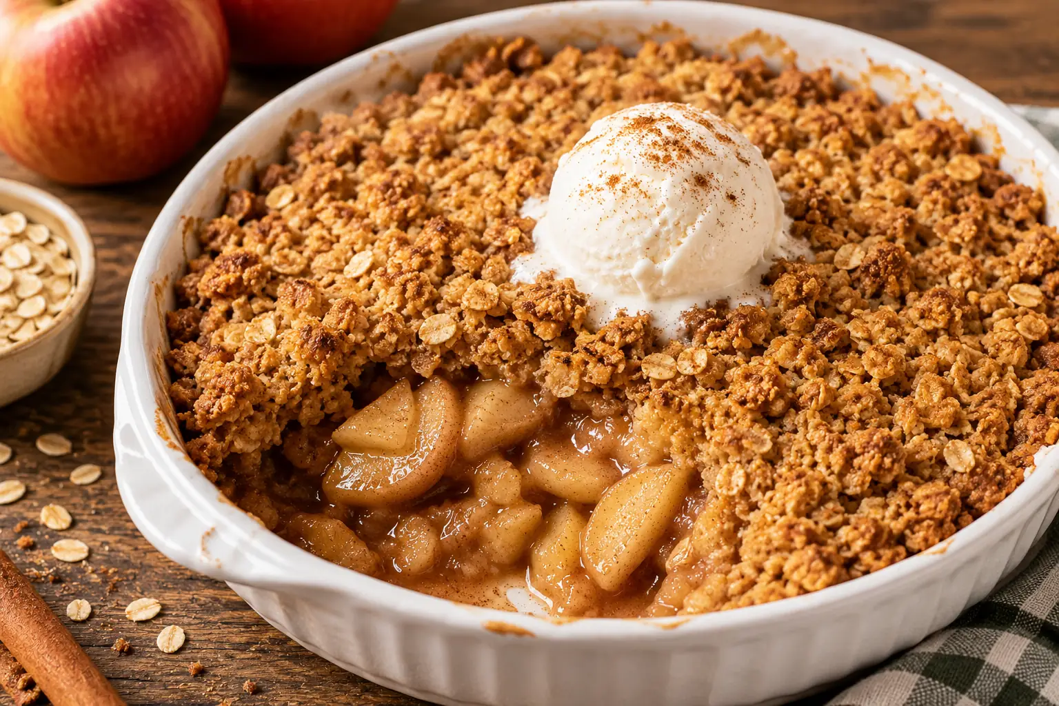 Warm homemade apple crisp with cinnamon apples and crispy oat topping