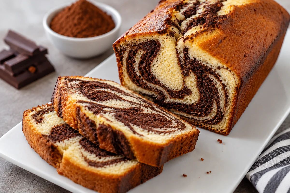 Classic marble cake with vanilla and chocolate swirls