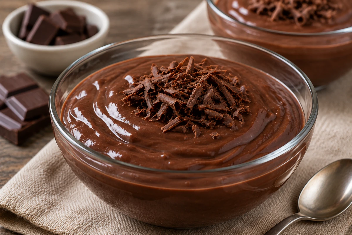 Creamy homemade chocolate pudding with chocolate shavings