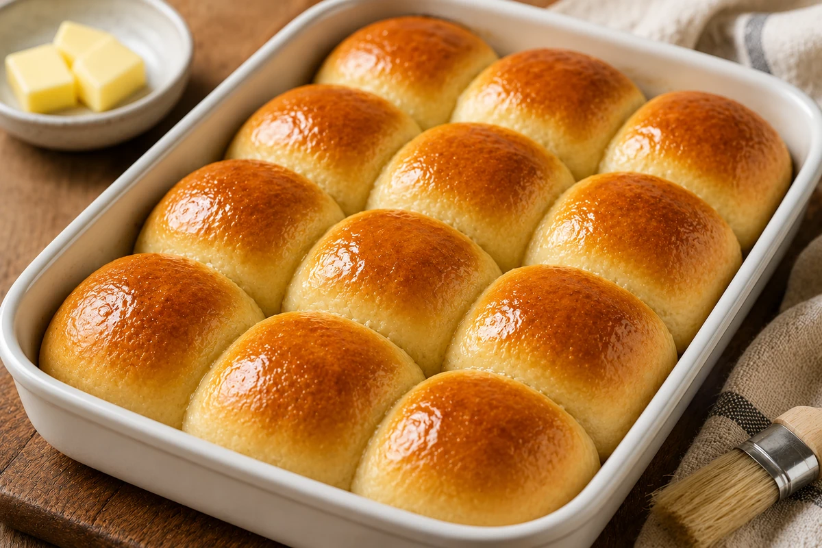 Soft and fluffy homemade dinner rolls with golden tops