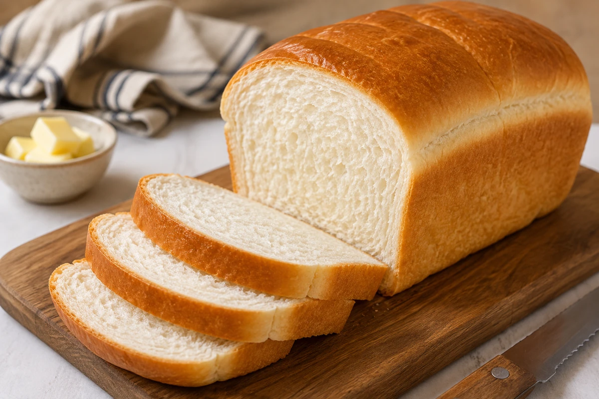 Soft and fluffy homemade white bread loaf with golden crust
