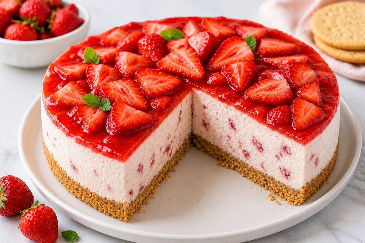 Easy homemade strawberry cheesecake with fresh strawberries