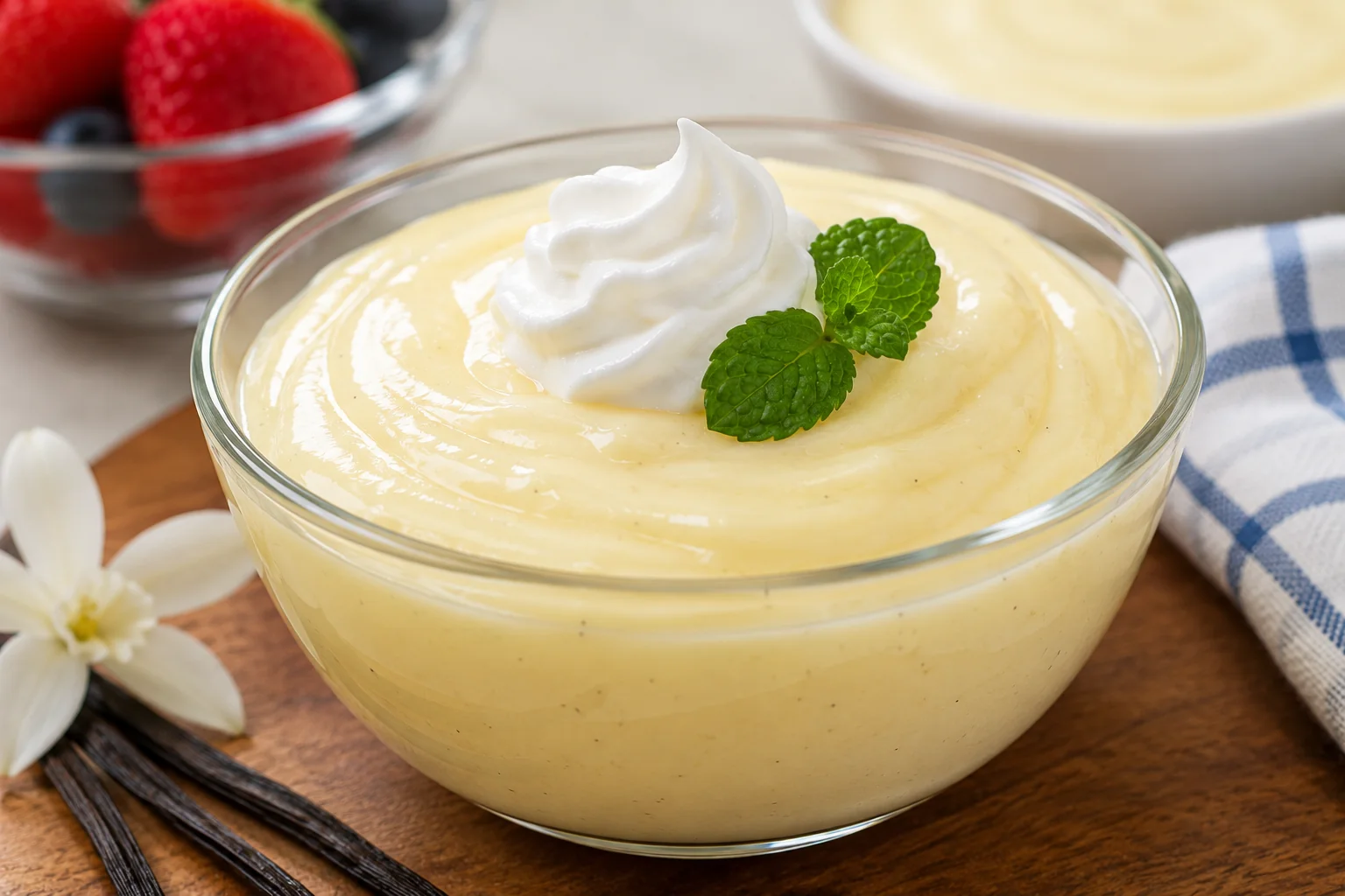 Creamy homemade vanilla pudding topped with whipped cream